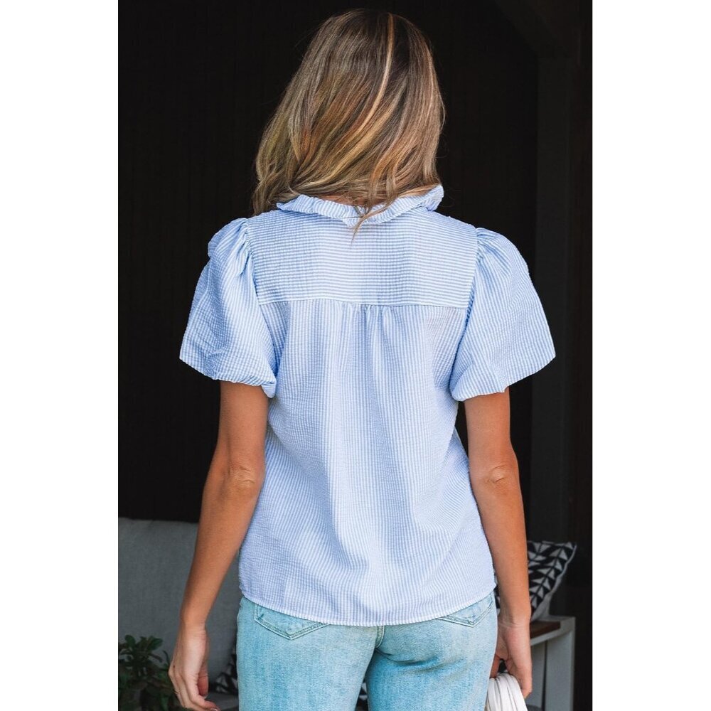 Women's Striped Button Down Shirt Casual Work Top Ruffle Stand Collar - Picture 4 of 8